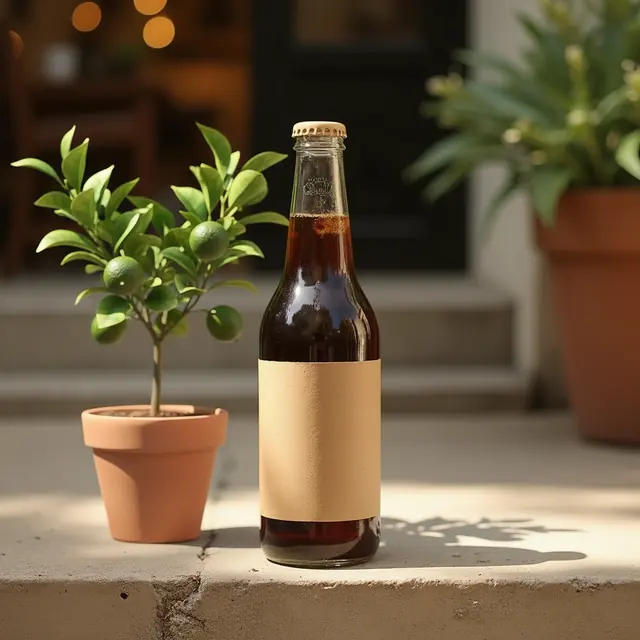 After: the same bottle at golden hour with a potted lemon tree added