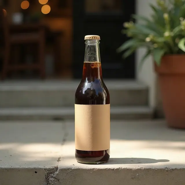 Before: a cold brew bottle on a concrete step in flat daylight