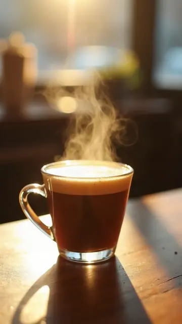 Generated vertical clip: steam rising from an espresso on a sunlit cafe counter