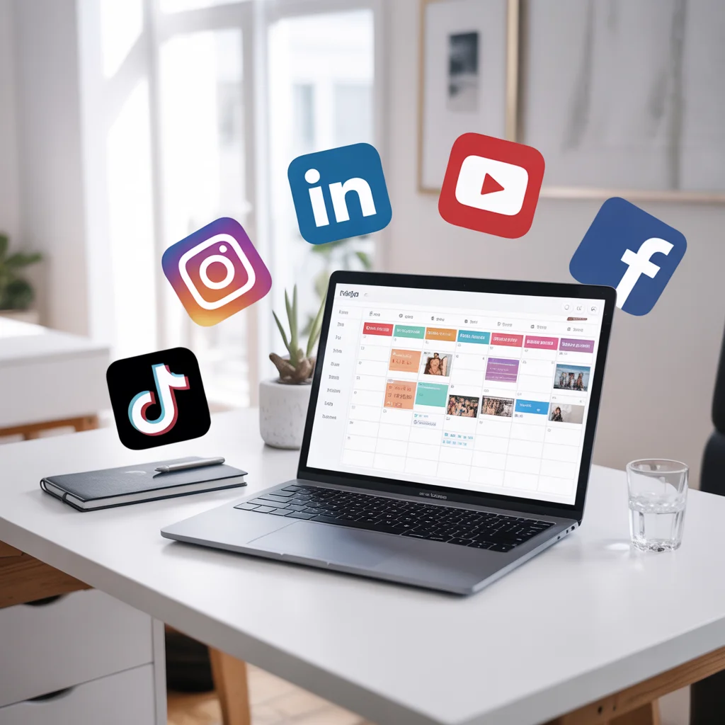 Laptop showing social media scheduling calendar dashboard with Instagram, TikTok, LinkedIn, YouTube, and Facebook icons