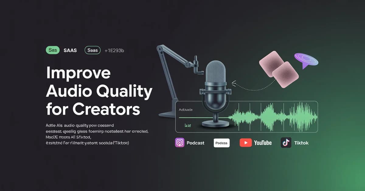 Content creator setup with podcast microphone, audio waveform, and multi-platform distribution icons
