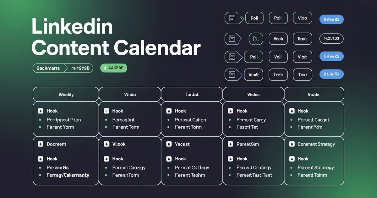 LinkedIn content calendar template with fields for post format, hooks, and target persona
