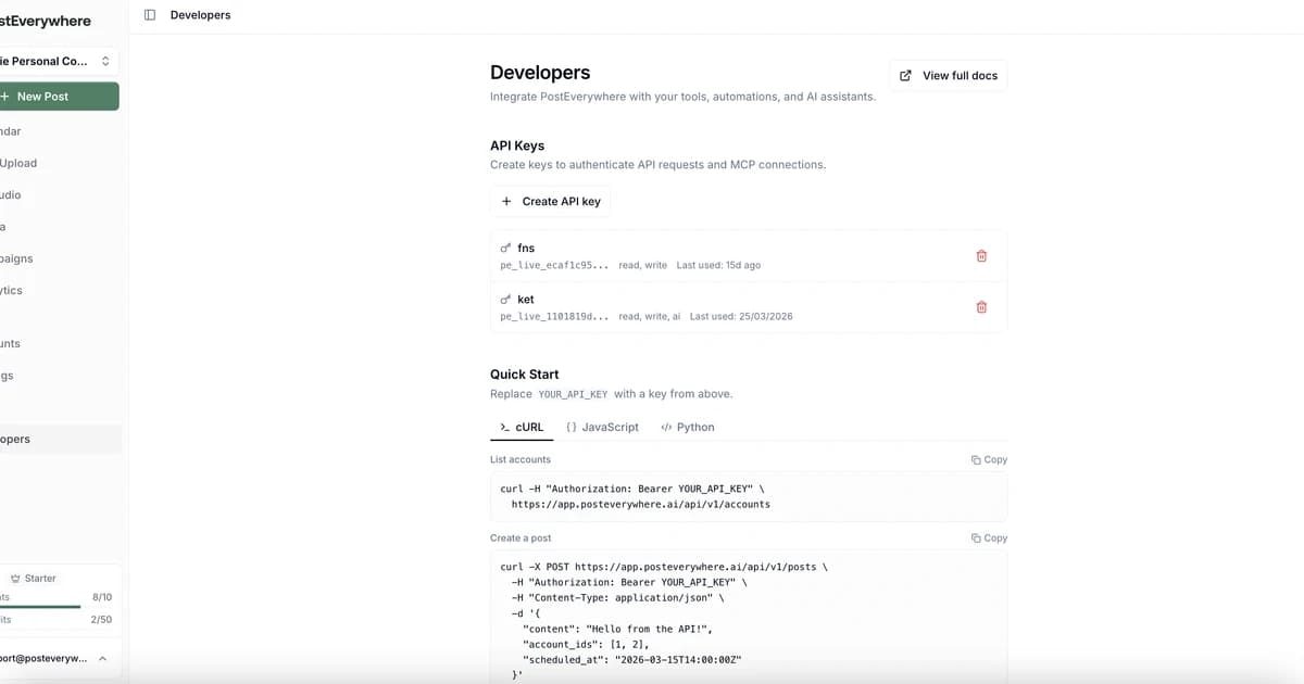 PostEverywhere API: terminal showing code calling the SDK with platform logos connected via data-flow lines