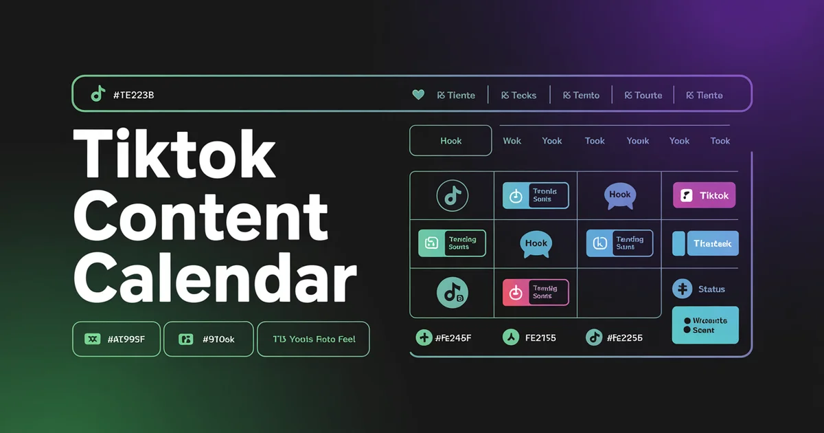 TikTok content calendar template with columns for trending sounds, hooks, hashtags