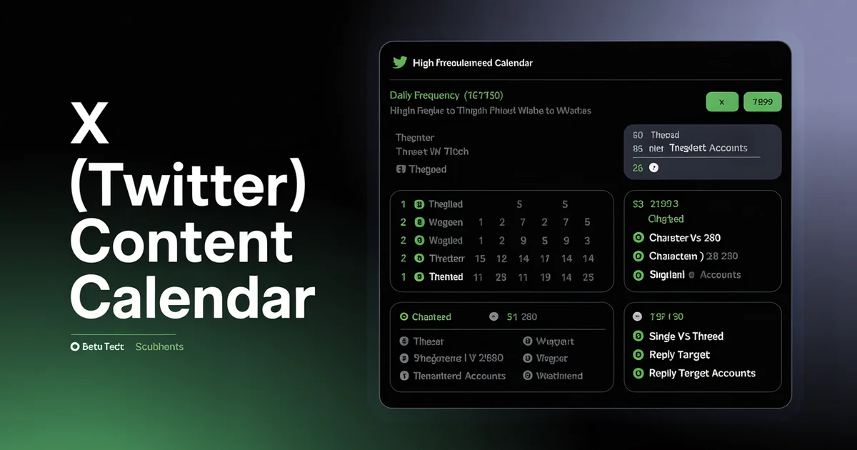 X Twitter content calendar template with fields for threads, single posts, and character counts