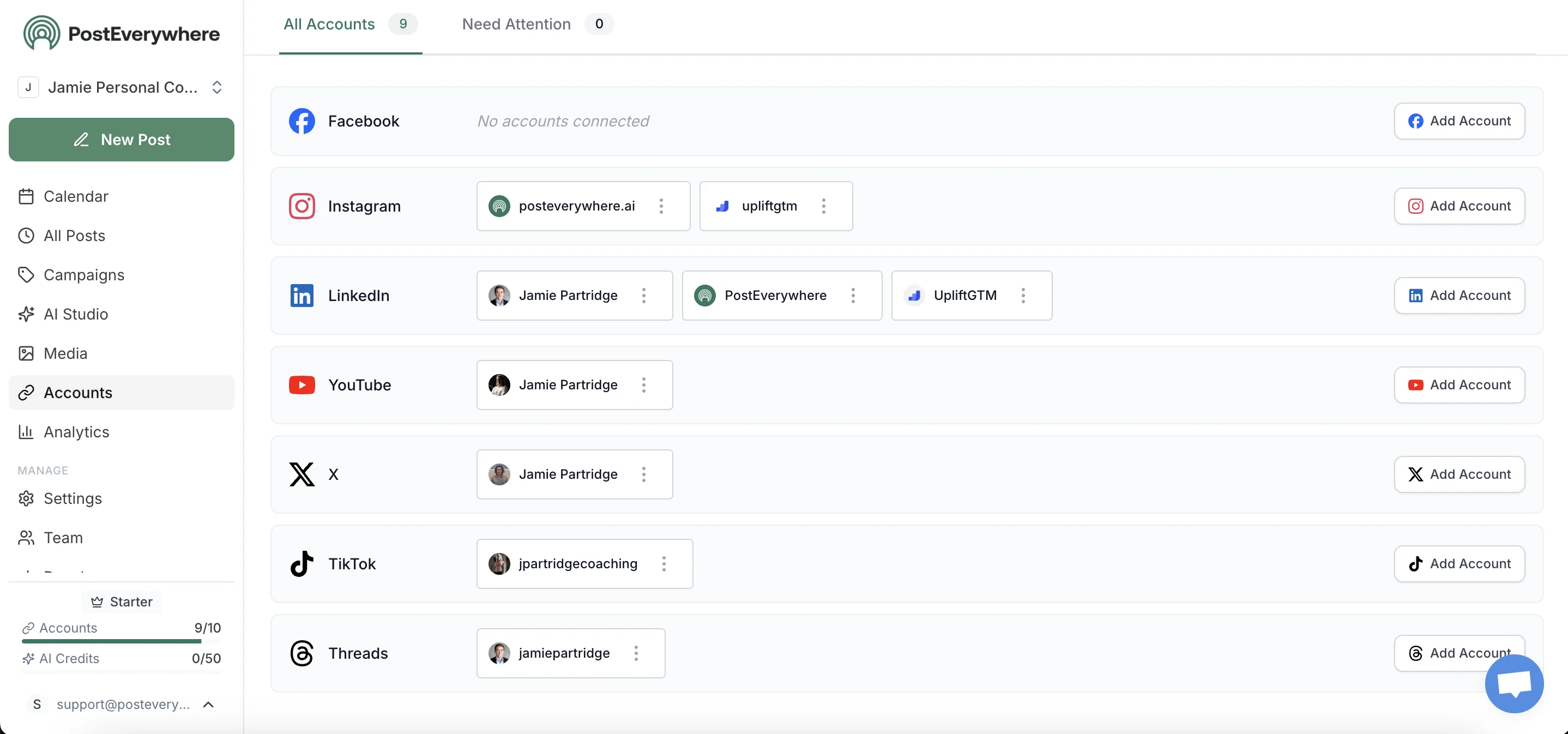 PostEverywhere connected accounts showing Instagram, LinkedIn, YouTube, X, TikTok and Threads
