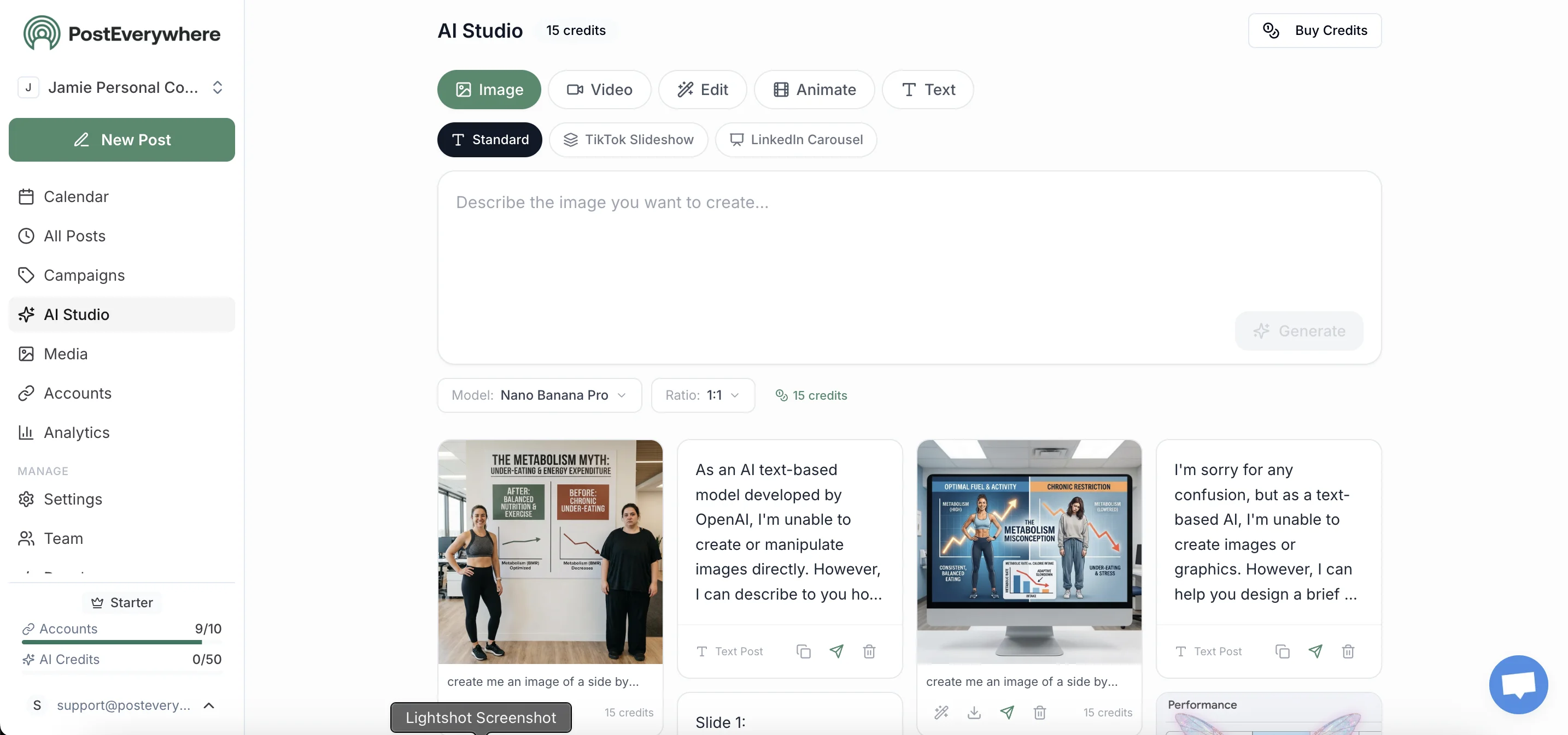 PostEverywhere AI Studio showing AI video generation models