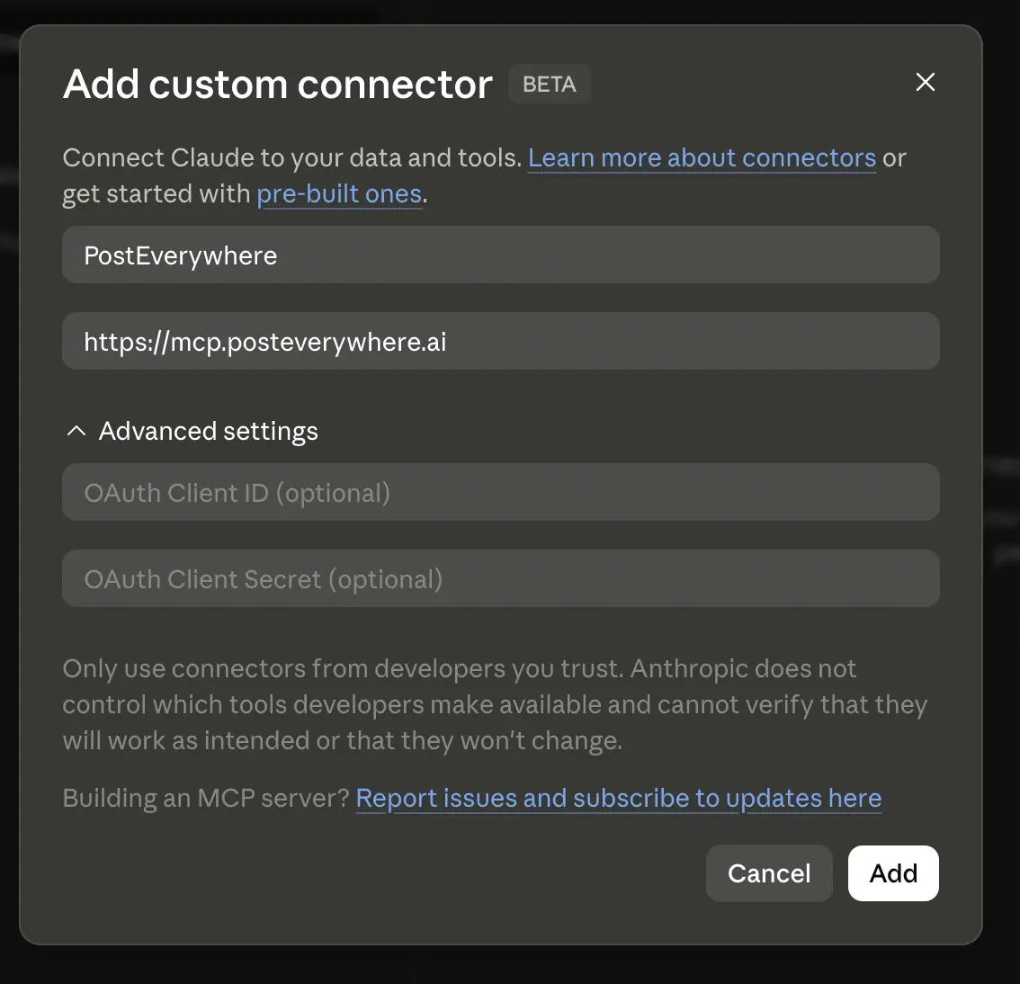 Adding PostEverywhere as a custom MCP connector with the server URL pasted in
