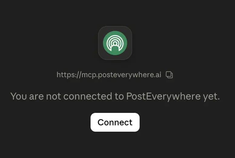 PostEverywhere MCP connector card with the Connect button in Claude Desktop