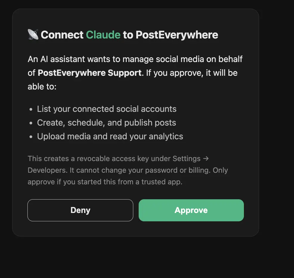 Claude permission screen approving PostEverywhere to manage social accounts