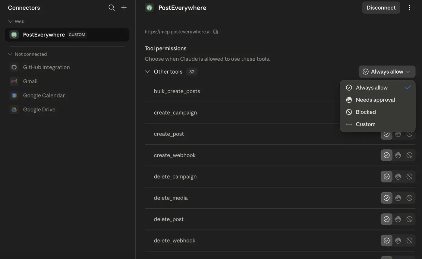 PostEverywhere connected in Claude showing all 33 MCP tools available