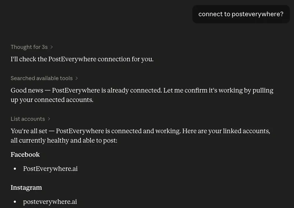 Claude confirming PostEverywhere is connected and listing linked social accounts
