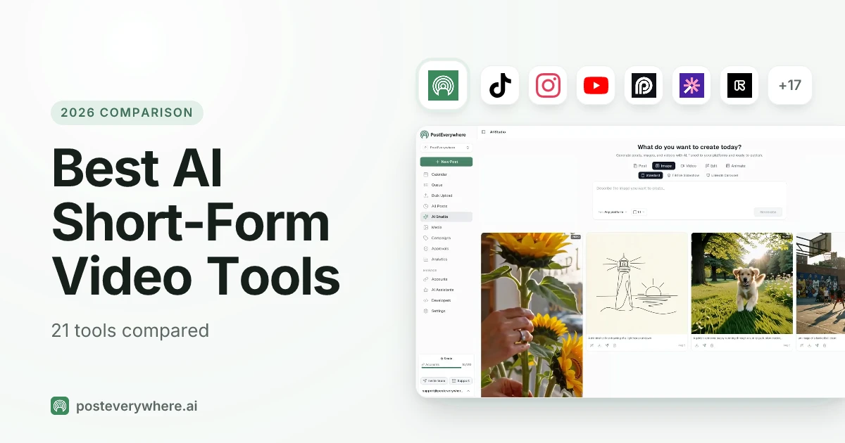 Best AI short-form video tools compared: PostEverywhere AI Studio, with TikTok, Instagram and YouTube marks and the logos of OpusClip, Vizard and Runway