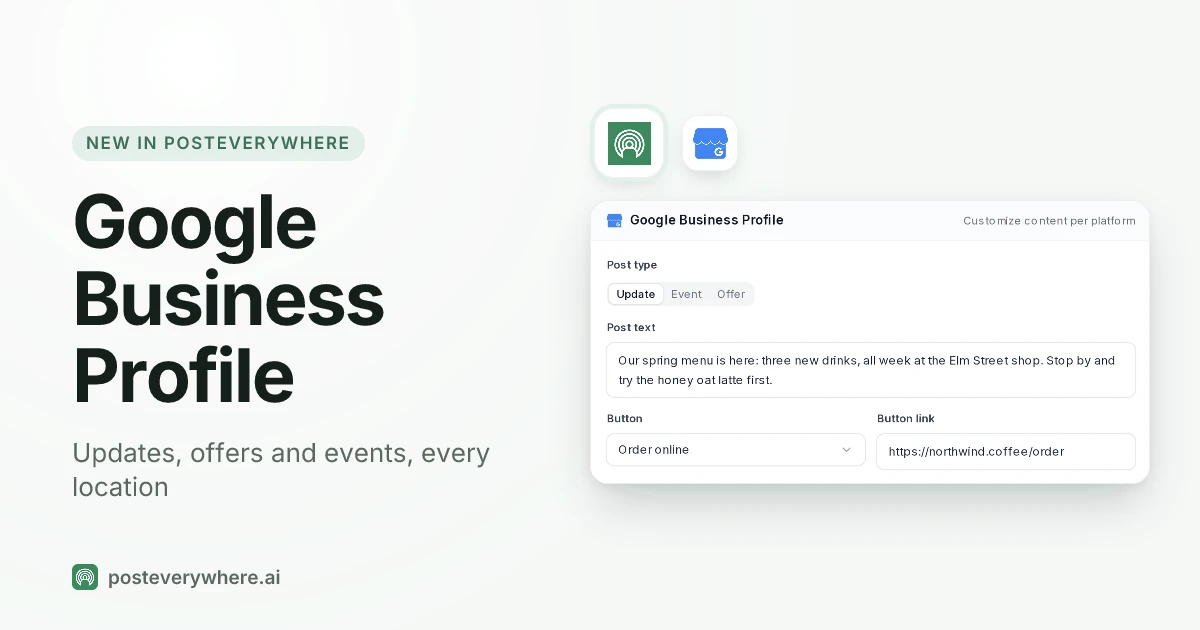 A Google Business Profile offer in the PostEverywhere composer, with a week of posts for two locations in the calendar