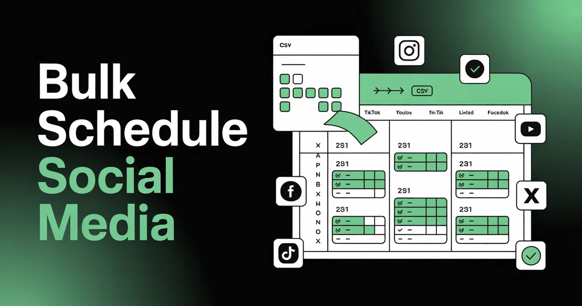 Bulk schedule social media posts — CSV upload to content calendar with 8 platform icons