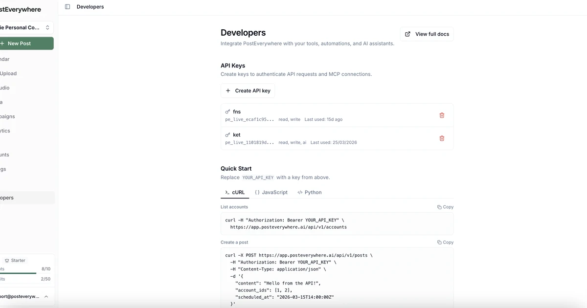 PostEverywhere API: terminal showing code calling the SDK with platform logos connected via data-flow lines