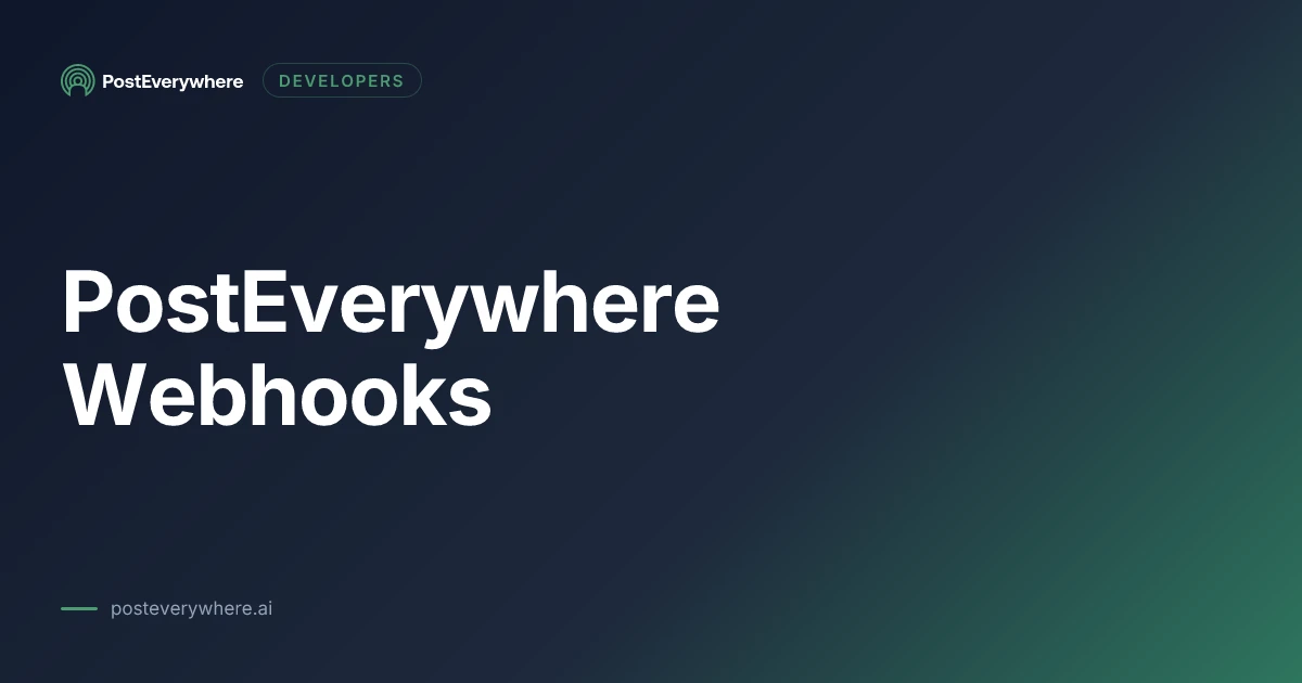 PostEverywhere webhooks pushing signed post.published and post.failed events to a developer endpoint