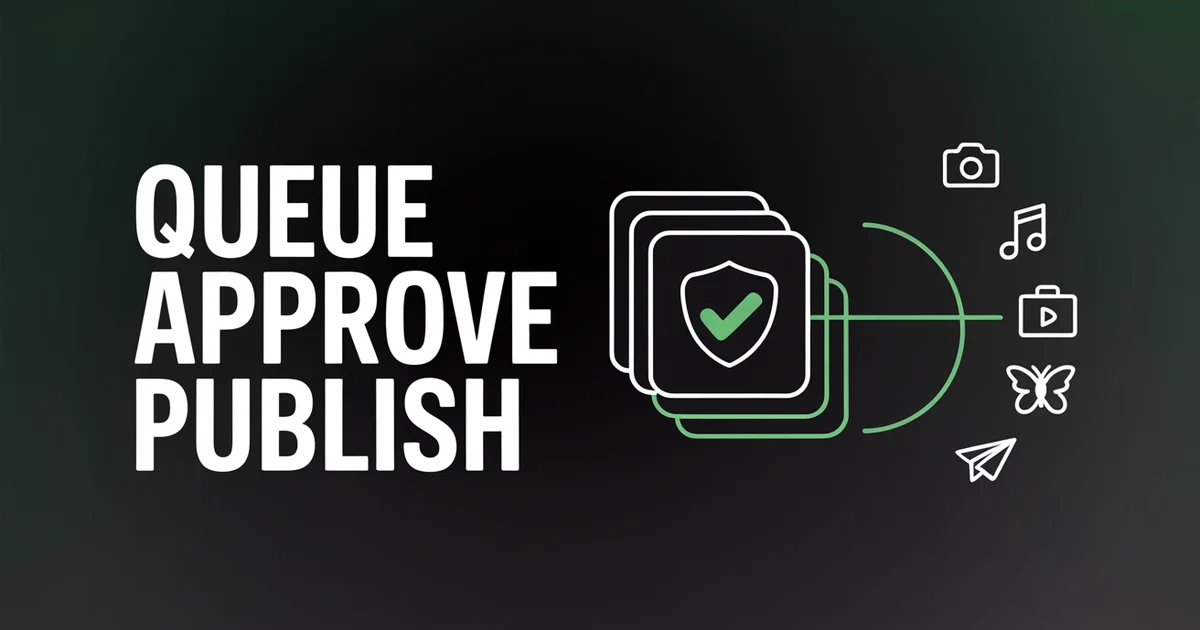 Queue, approve, publish: post tiles passing an approval tick before fanning out to social networks