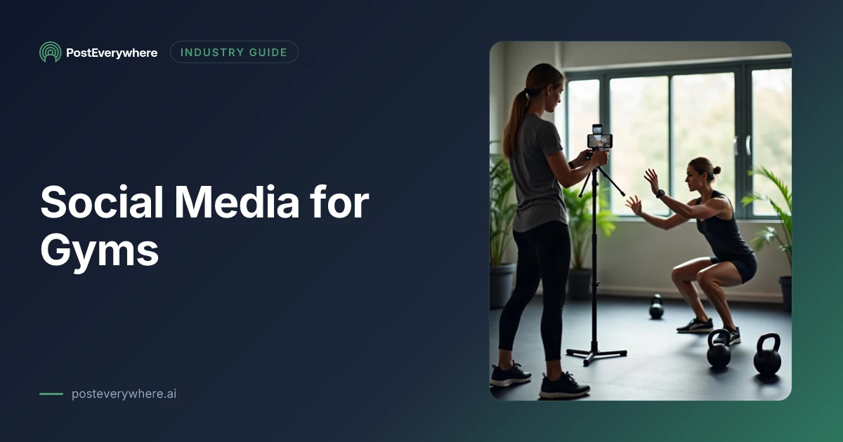Personal trainer filming a member's squat on a phone tripod in a bright gym, for a social media for gyms guide