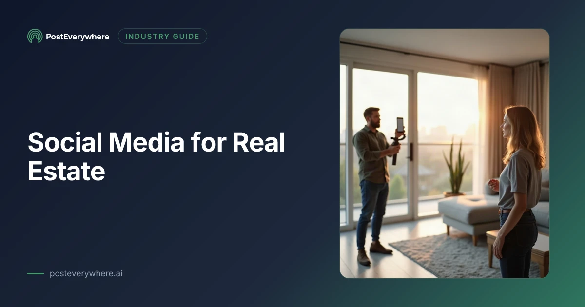 Real estate agent filming a walkthrough video on a phone gimbal in a bright living room, for a real estate social guide