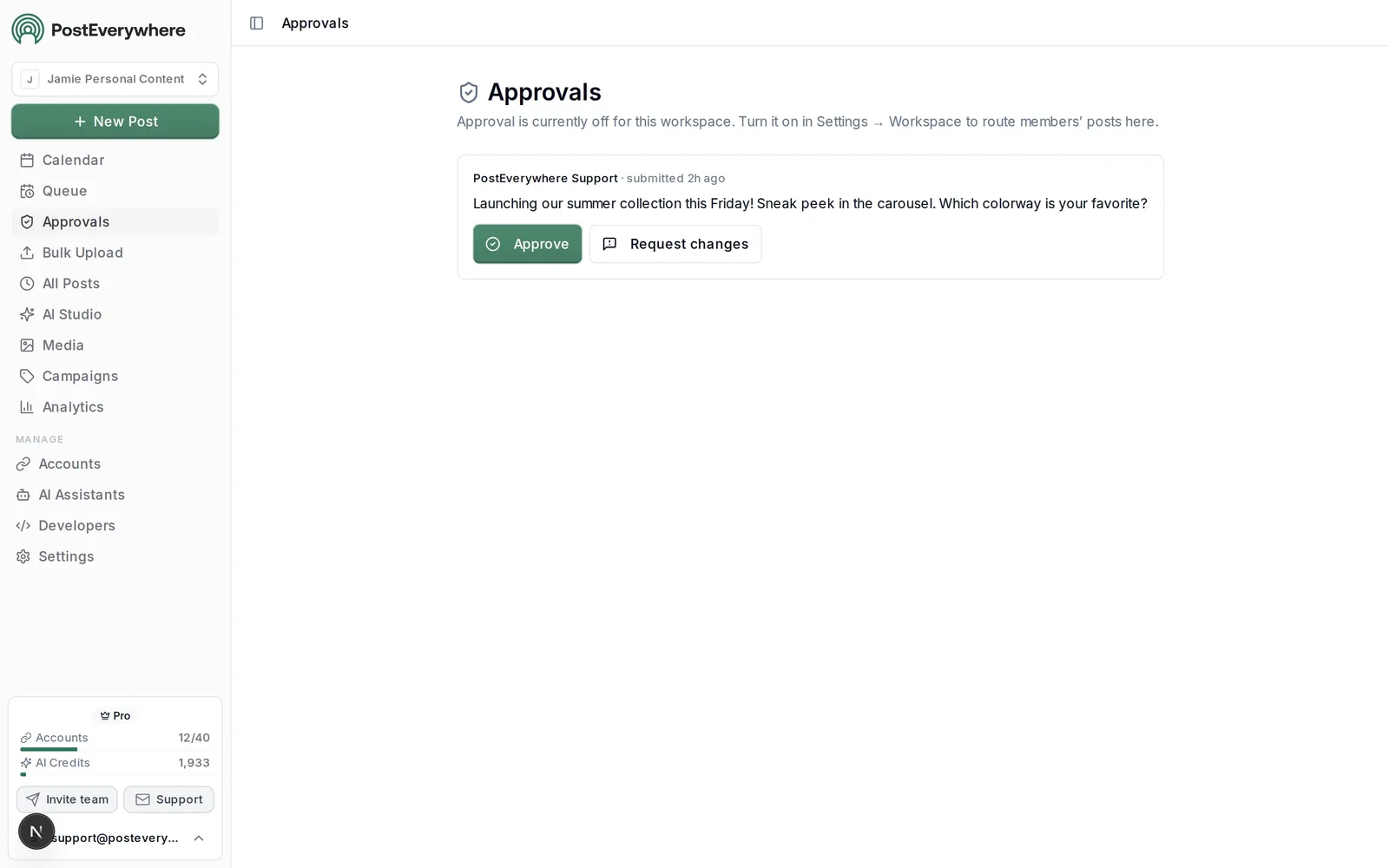 PostEverywhere approval inbox showing submitted posts waiting for review