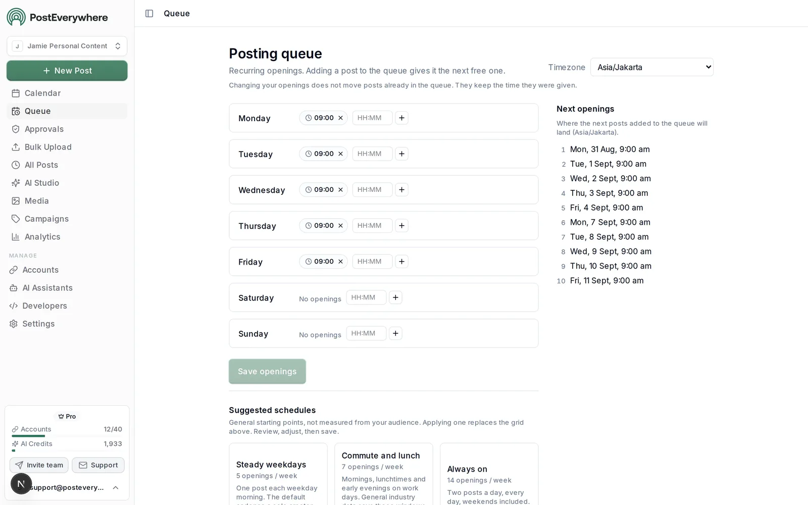 PostEverywhere posting queue showing recurring weekly openings and the next queued posts