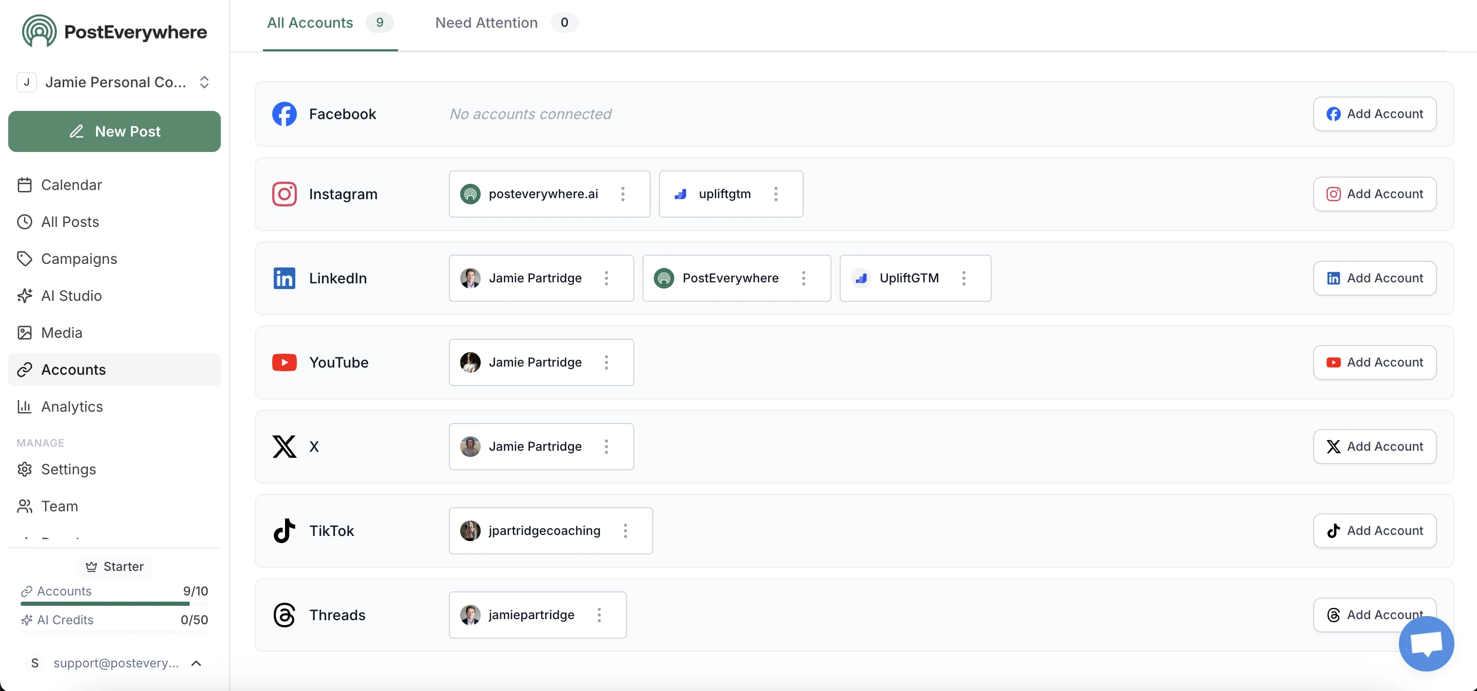 PostEverywhere connected accounts showing Instagram, LinkedIn, YouTube, X, TikTok, Threads, and Pinterest