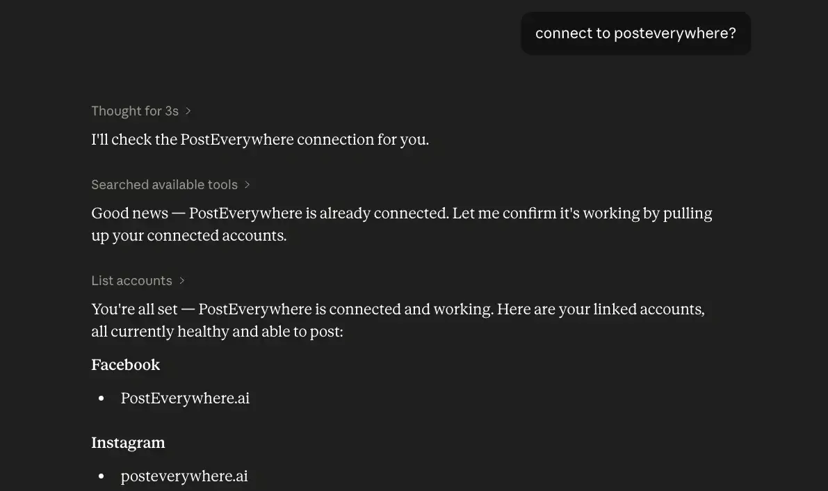 Claude in chat confirming PostEverywhere is connected and listing the linked social accounts