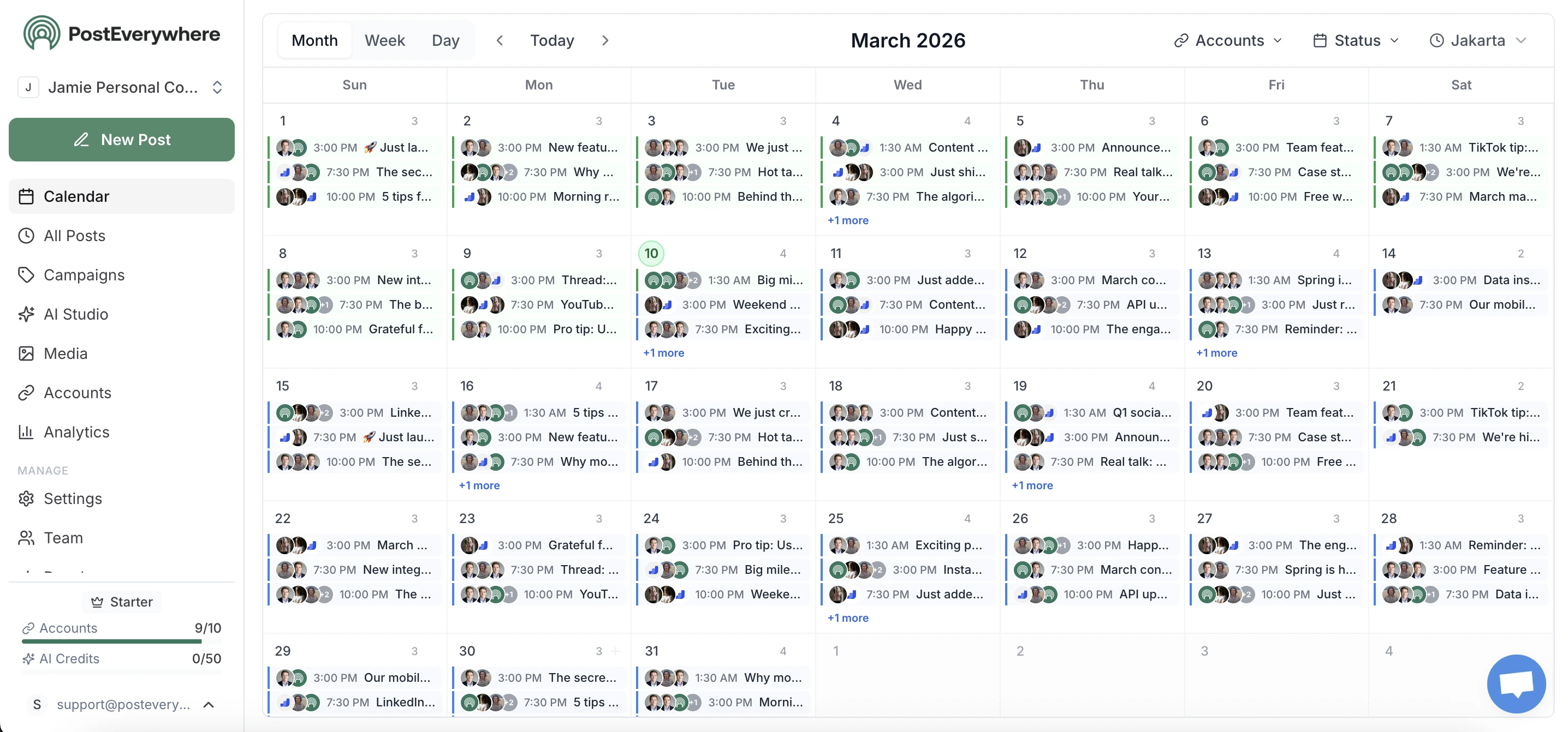 PostEverywhere content calendar showing scheduled posts across all social media platforms