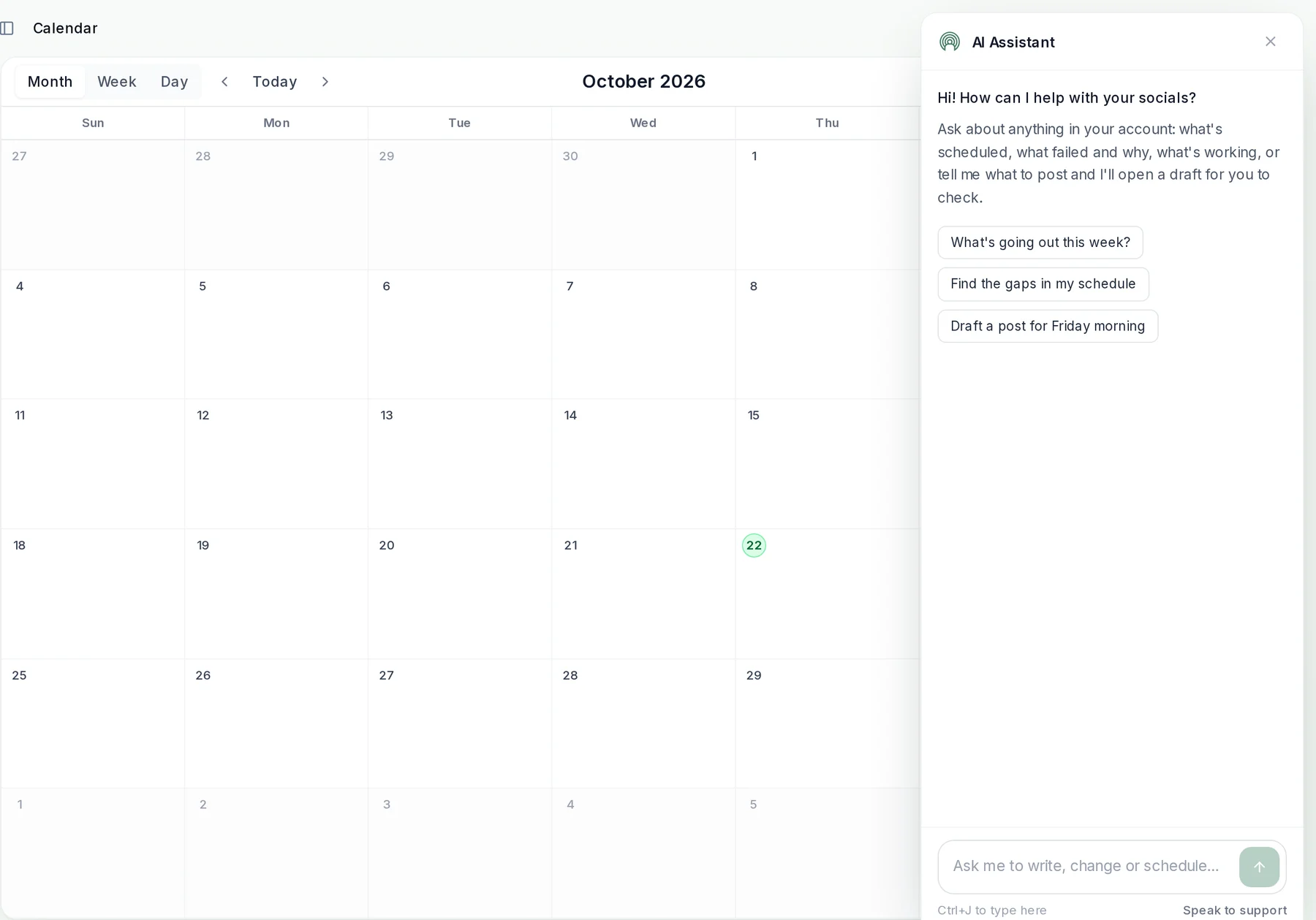 The PostEverywhere calendar with the AI Assistant panel open, suggesting: What's going out this week? Find the gaps in my schedule. Draft a post for Friday morning.