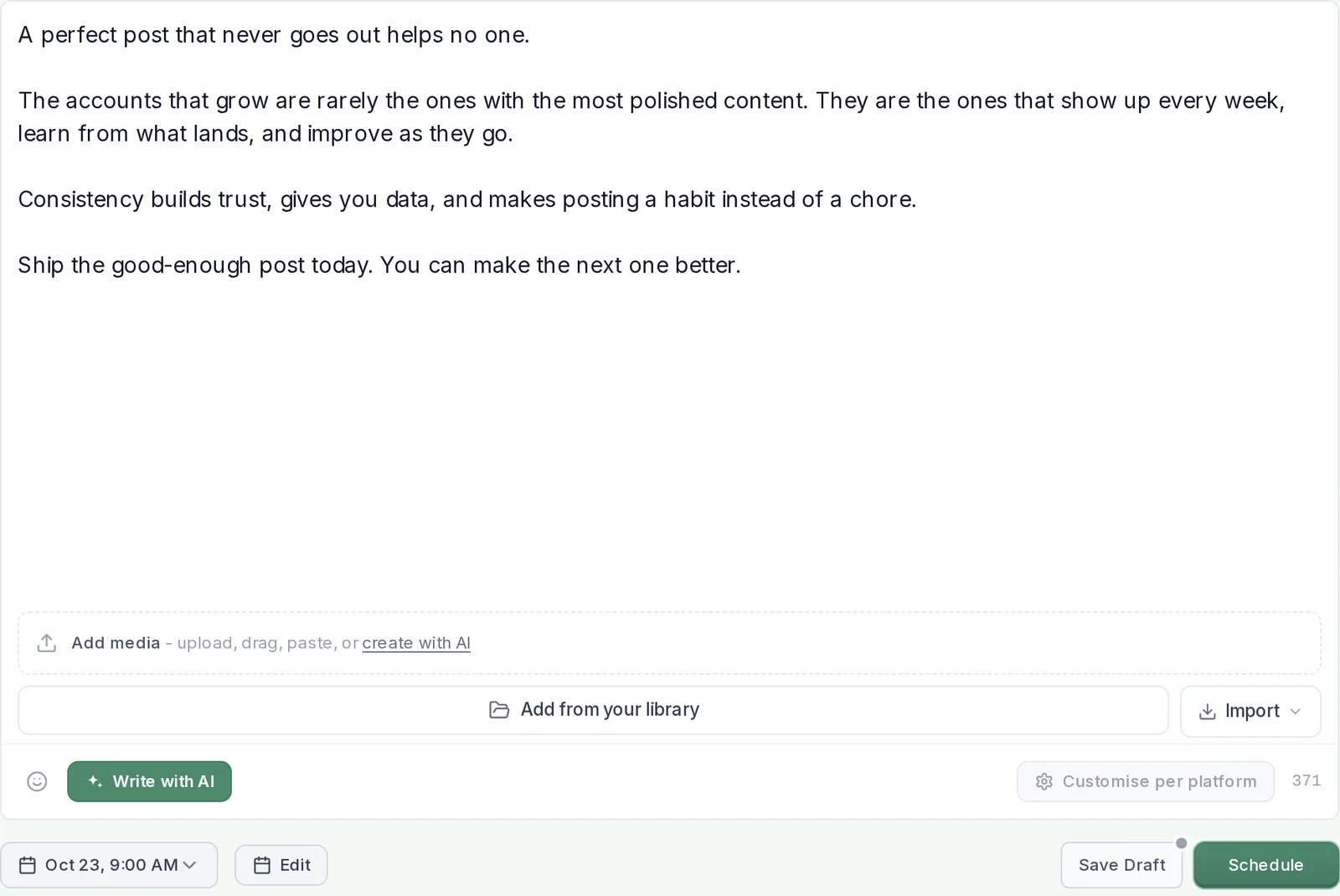 A LinkedIn-style caption drafted by the AI Assistant in the New Post composer, set for Oct 23 at 9:00 AM, with Save Draft and Schedule buttons untouched