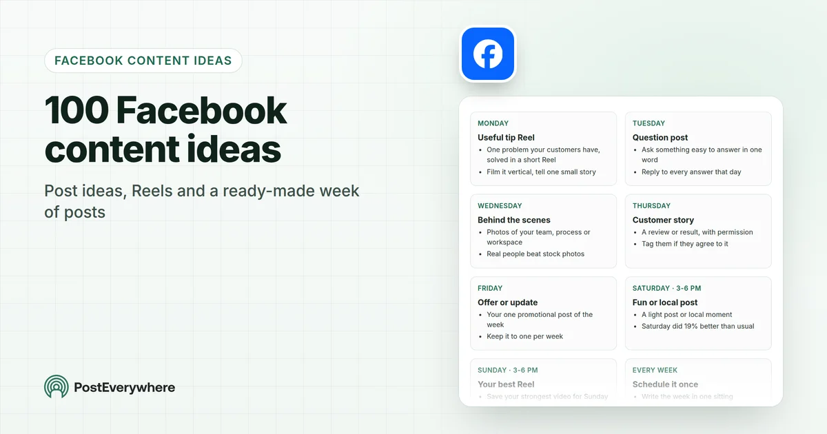 100 Facebook content ideas: post ideas, Reels and a ready-made week of Facebook posts from PostEverywhere