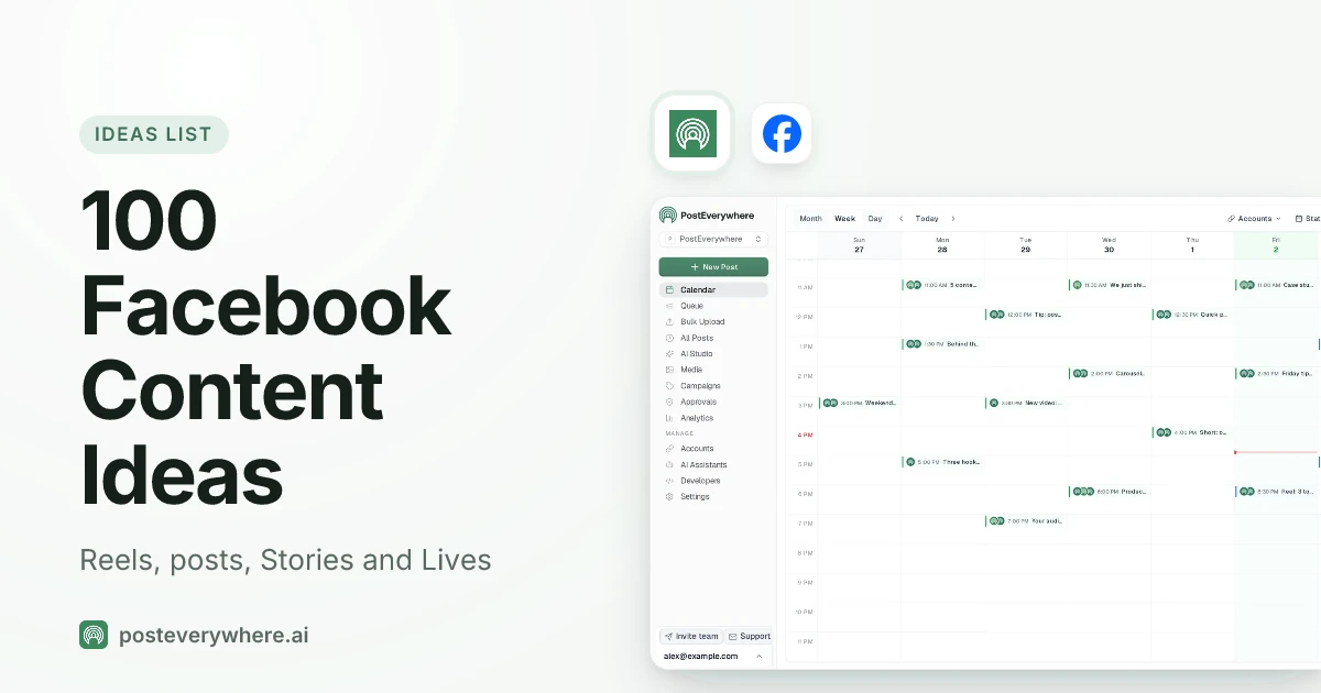 100 Facebook content ideas for Reels, posts, Stories and Lives, planned on the PostEverywhere content calendar