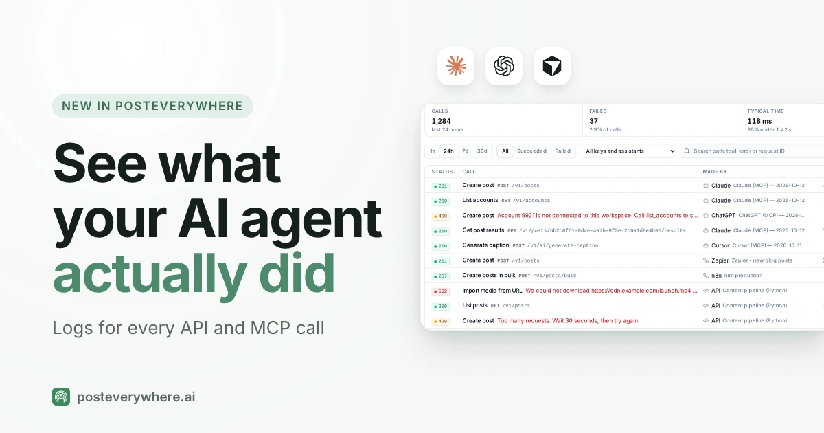PostEverywhere Logs page listing API and MCP calls made by Claude, ChatGPT and Cursor