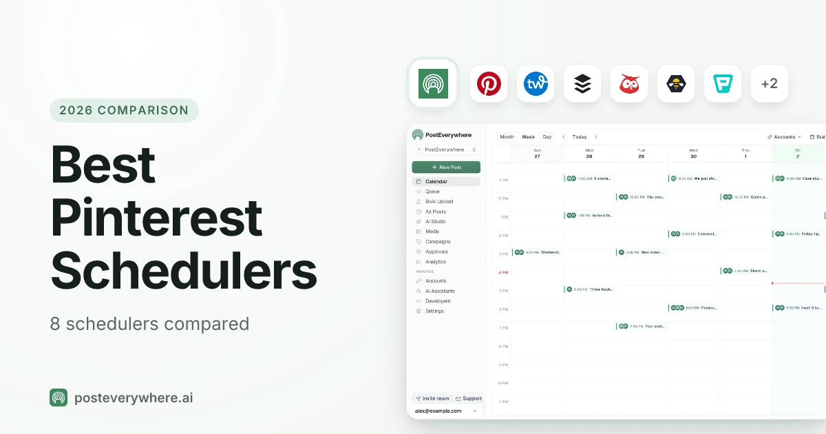 Best Pinterest schedulers compared: the PostEverywhere content calendar, with the Pinterest mark and the logos of Tailwind, Buffer, Hootsuite and SocialBee