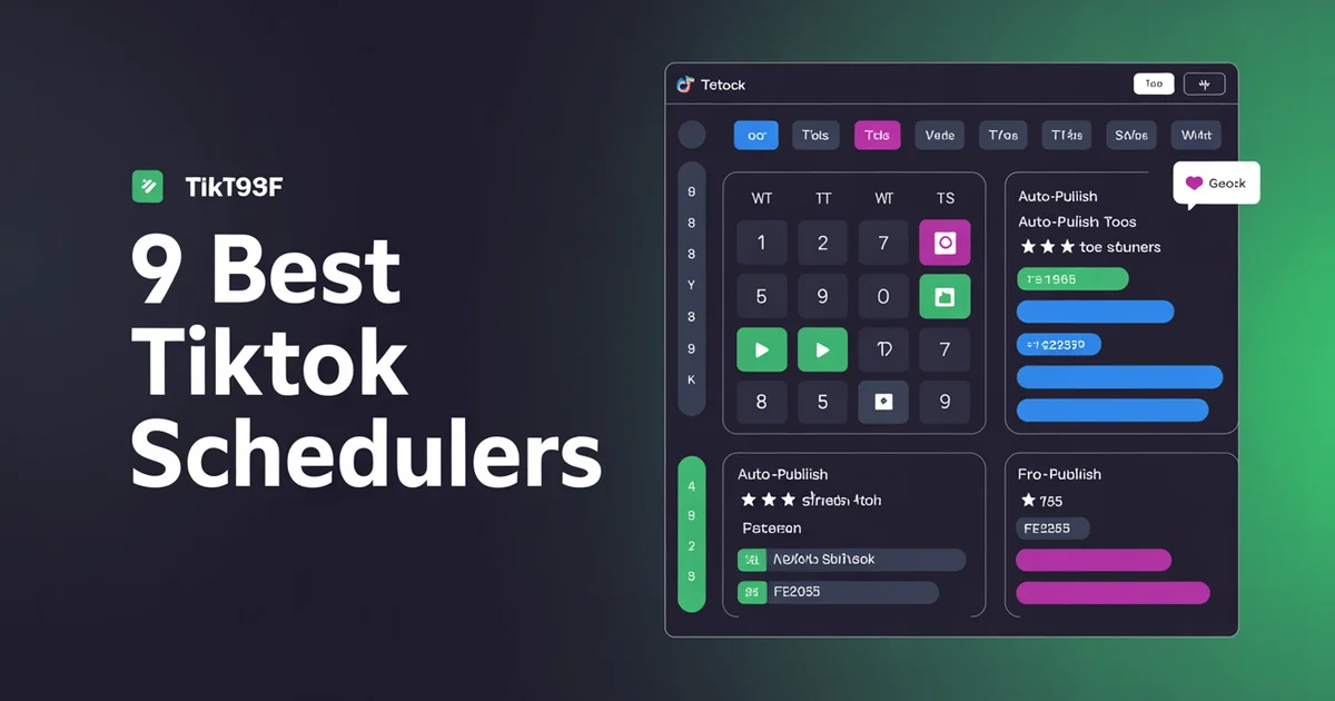 Smartphone showing TikTok scheduling calendar with video thumbnails queued for auto-publishing