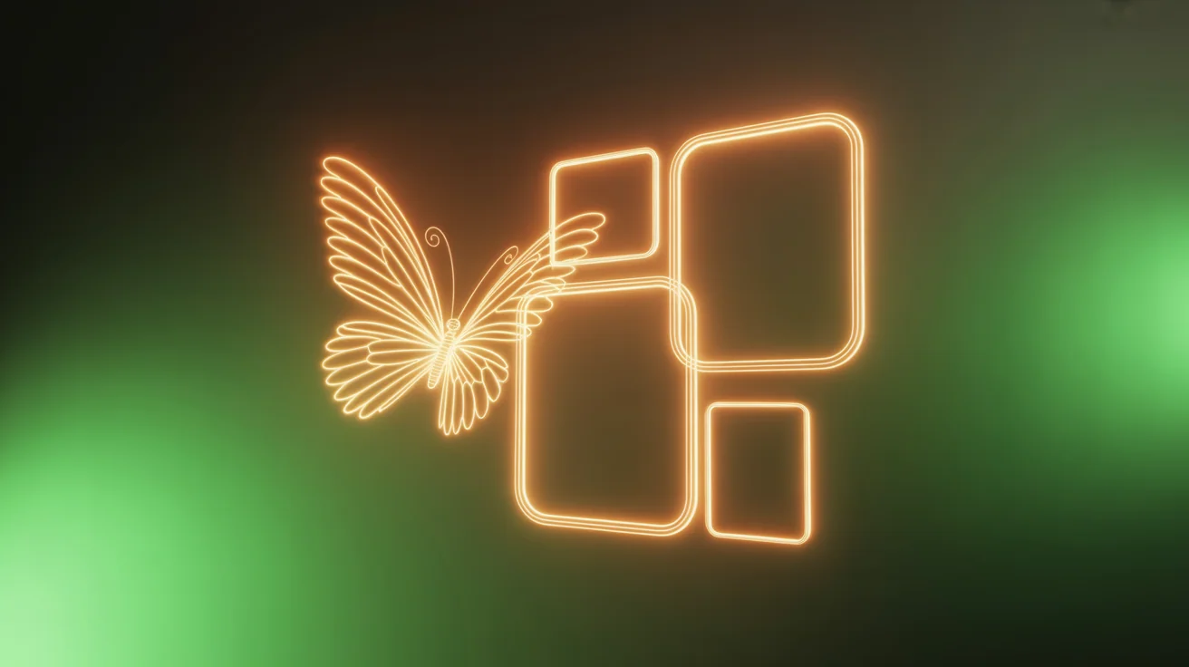 A glowing Bluesky butterfly beside framed image placeholders in different aspect ratios