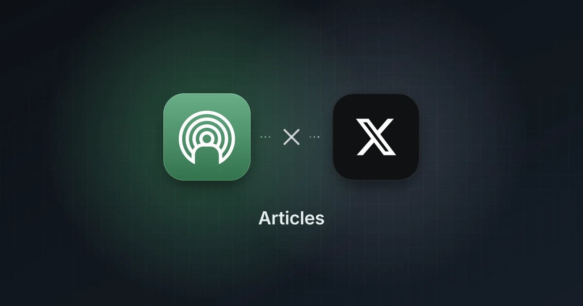 PostEverywhere and X app tiles side by side with a multiplication sign between them and the word Articles underneath