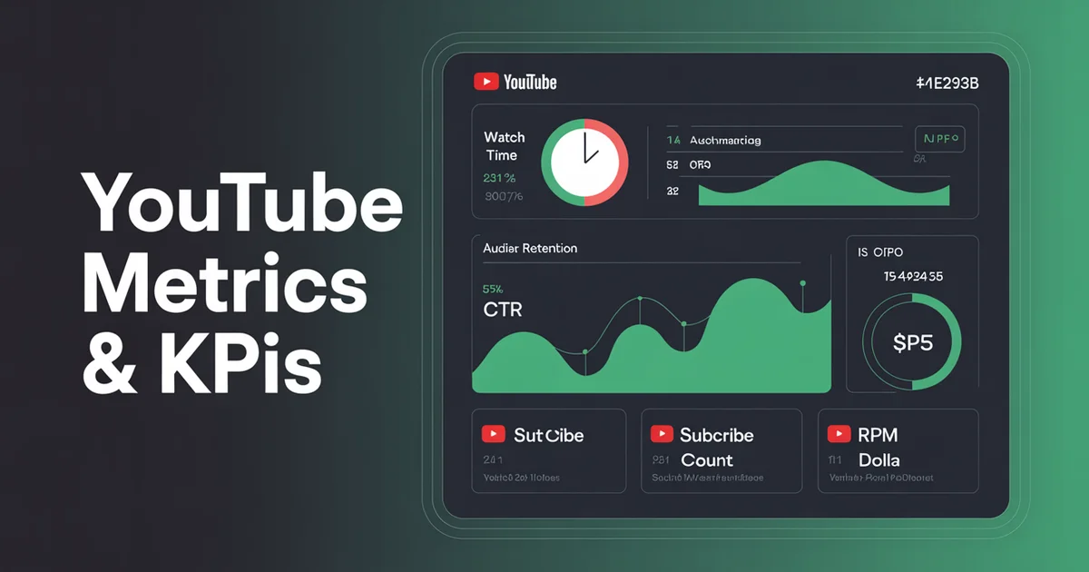 YouTube metrics and KPIs dashboard with watch time, CTR, and audience retention curves