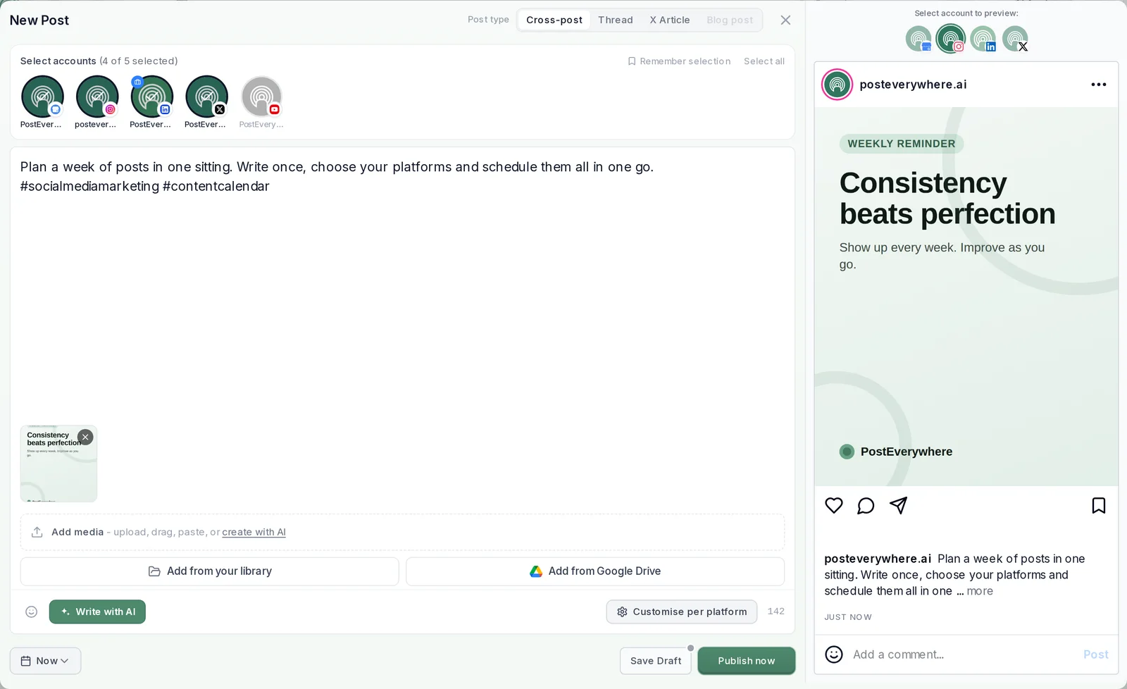 PostEverywhere New Post composer in Cross-post mode with four of five accounts selected, one caption and image, an Instagram preview, and the Customise per platform and Publish now buttons