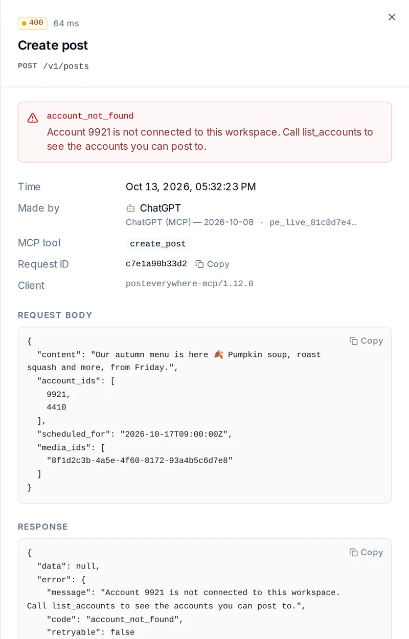 A failed Create post call opened in PostEverywhere Logs, showing the error, the MCP tool and the request body (illustrative data)