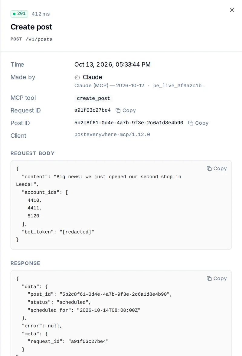 A successful Create post call in PostEverywhere Logs with a token shown as redacted (illustrative data)