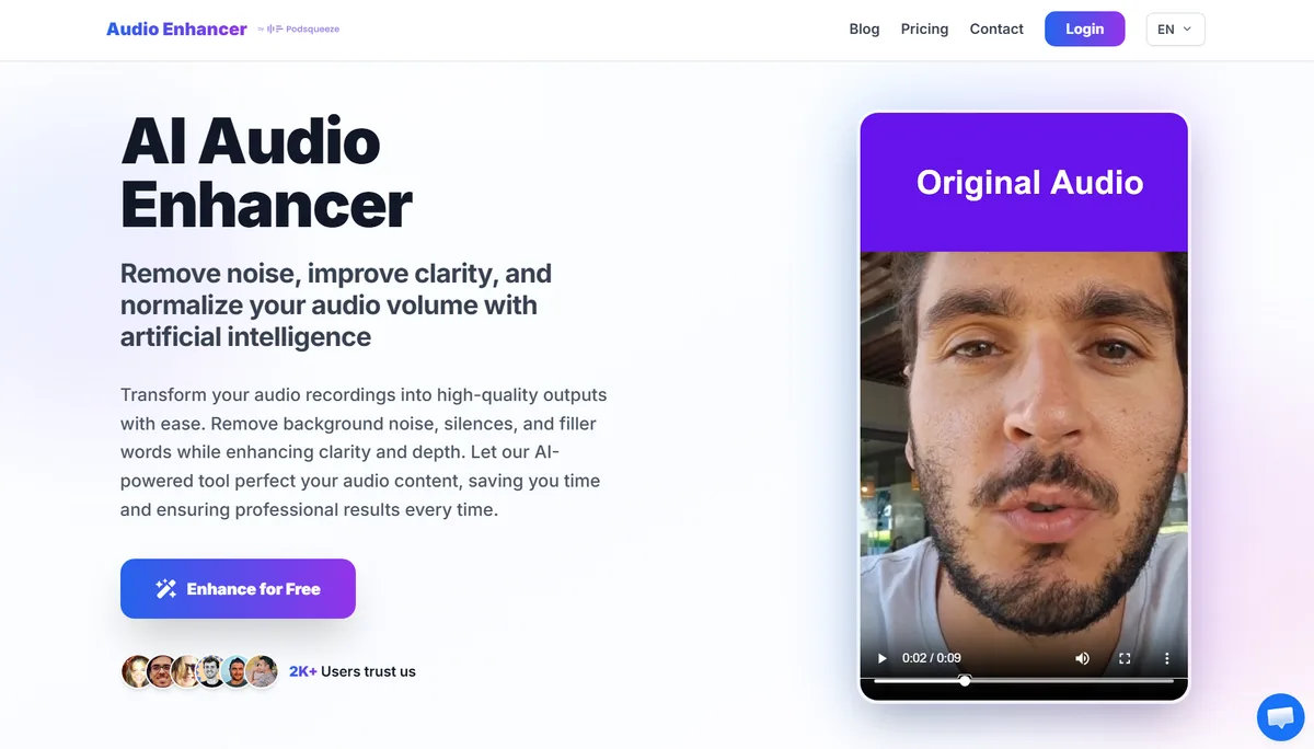 Audioenhancer.com homepage — AI audio enhancement by the team behind Podsqueeze