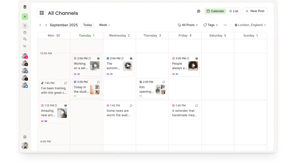 Buffer publishing calendar showing a week of scheduled posts across connected channels