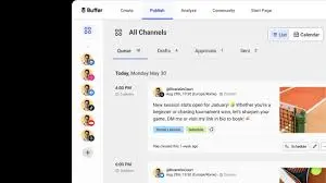 Buffer social media scheduling queue showing connected channels and pending posts
