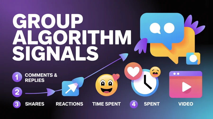 Facebook Group algorithm ranking signals — comments and replies most important, then shares, reactions, time spent, and video