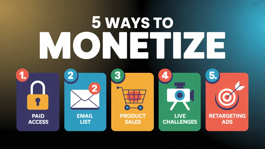 Five ways to monetize a Facebook Group — paid access, email list, product sales, live challenges, and retargeting ads