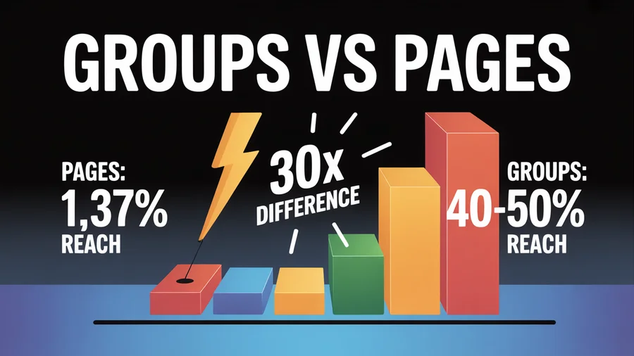Facebook Groups versus Pages reach comparison — Pages reach 1.37% while Groups reach 40-50% of members, a 30x difference