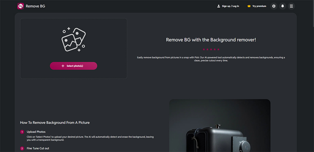 Remove.bg AI background removal tool with portrait and hair detail detection