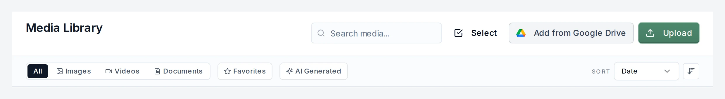 PostEverywhere Media Library with the Add from Google Drive button next to Upload